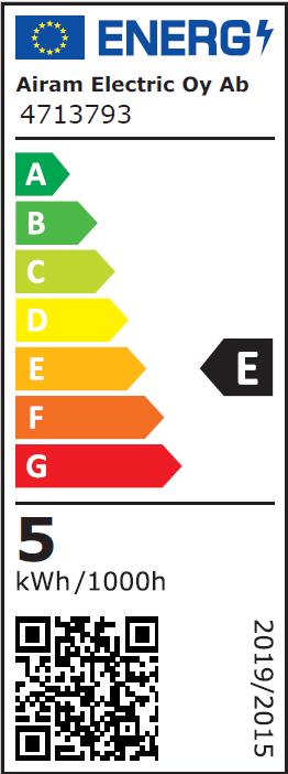 Energiatehokkuusmerkintä Päivänvalo 6500K LED-GU10, 495lm, 4.5W, Airam
